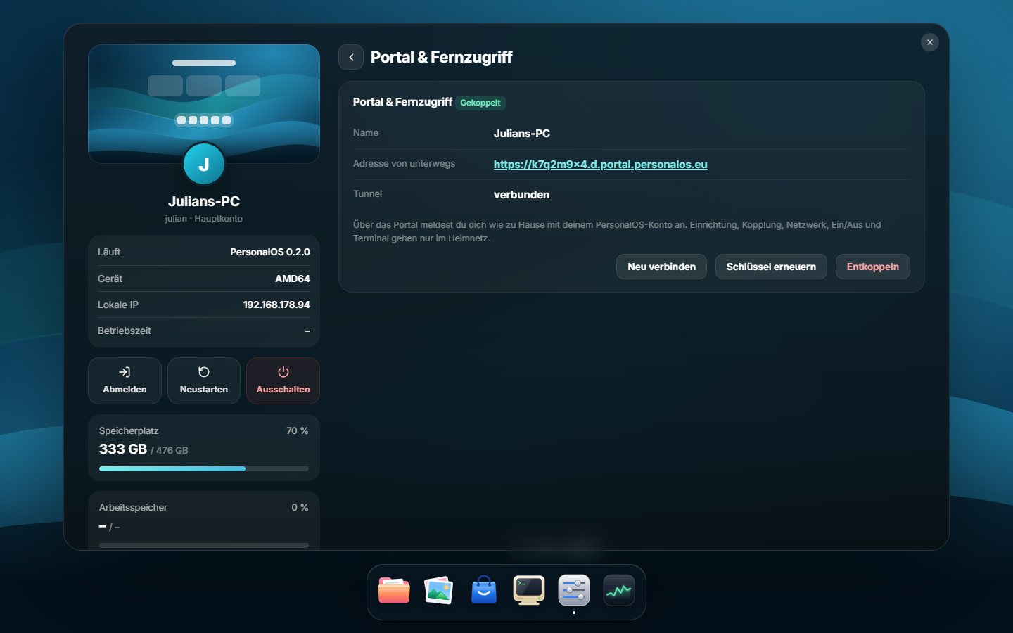 Einstellung Portal und Fernzugriff, gekoppelt